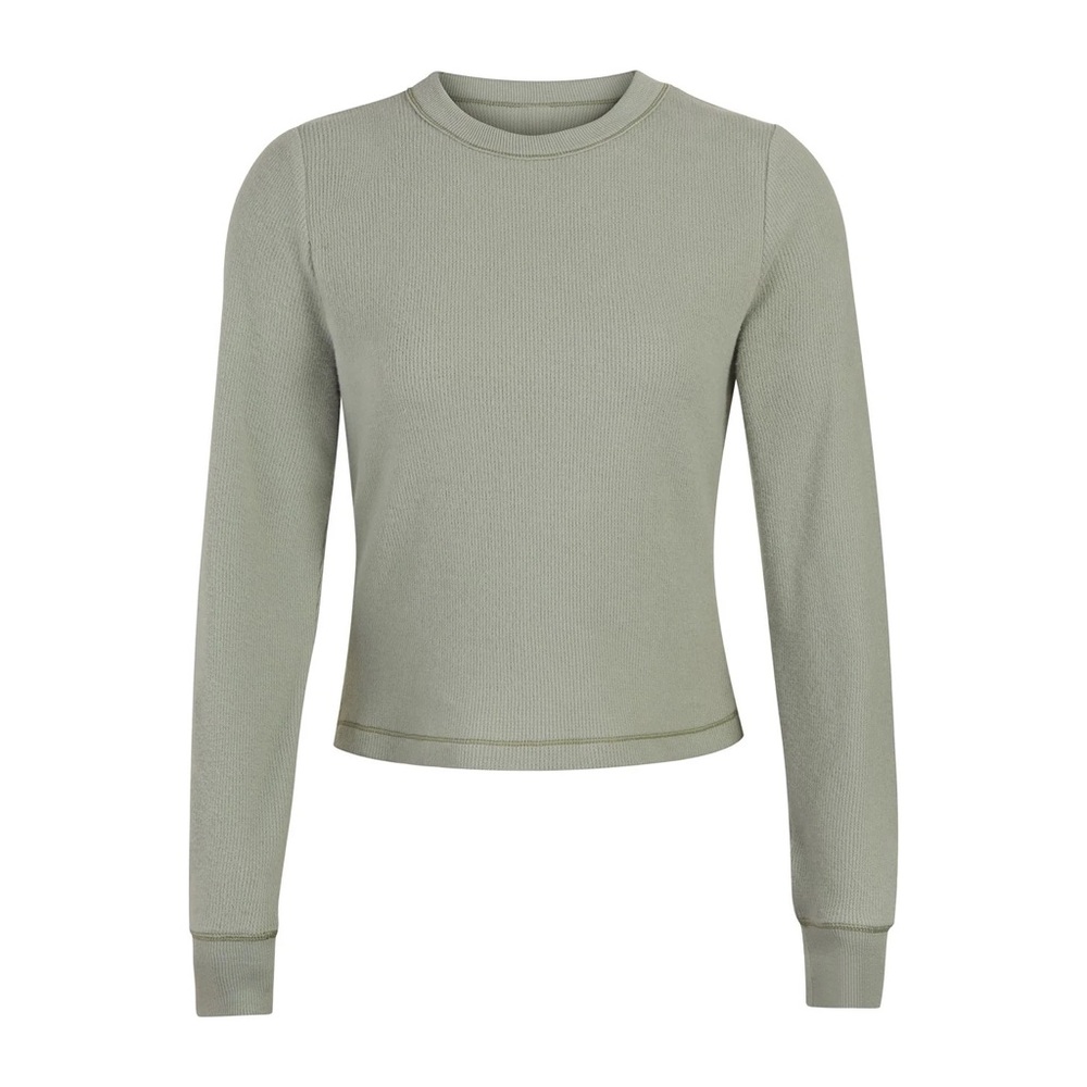 Skims Waffle Knit Thermal Long Sleeve Crew Shirt Sage Green Size XS